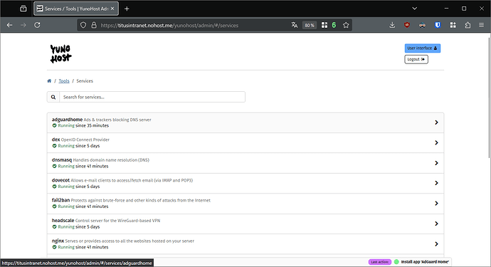 The YunoHost webadmin Services menu