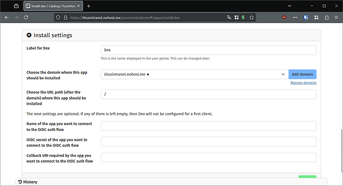 Dex installation form in the YunoHost webadmin.
