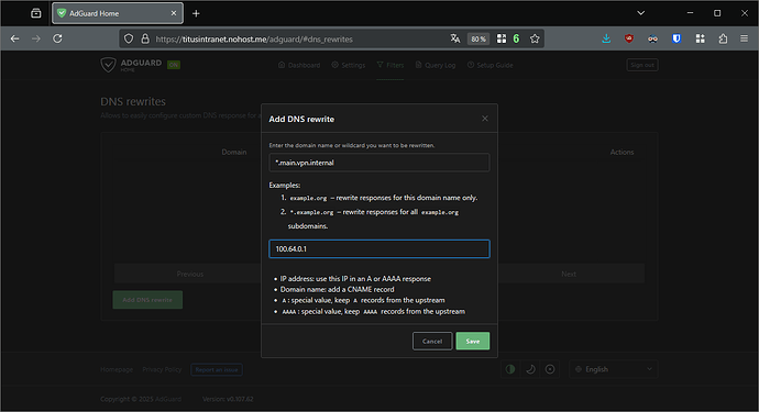 "DNS rewrites" add menu
