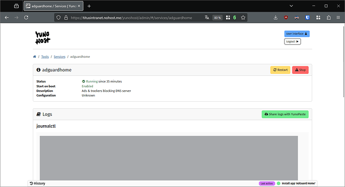 Adguard service menu in the YunoHost webadmin