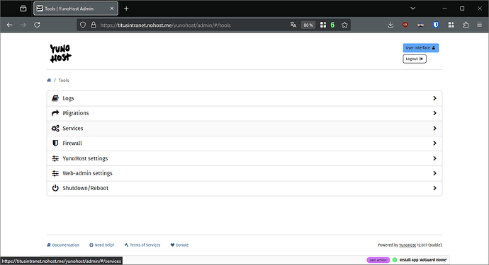 The YunoHost webadmin Tools menu