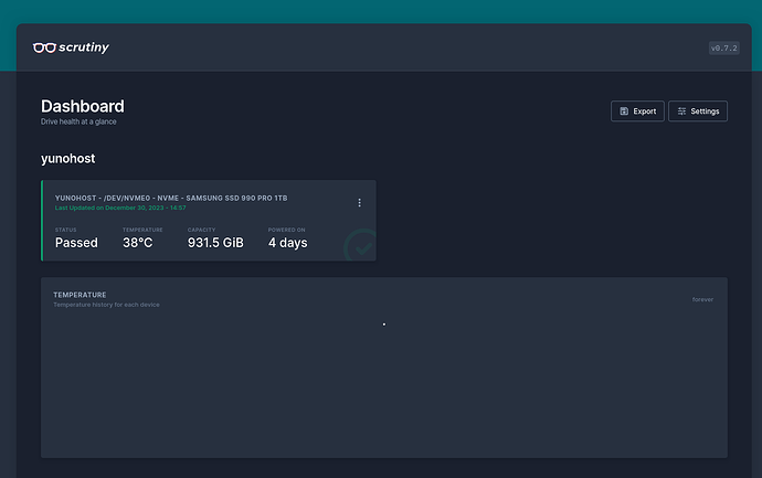 Screenshot of Scrutiny Dashboard, showing one SSD and its data