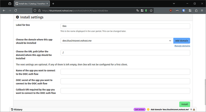 Dex installation form in the YunoHost webadmin, with the new subdomain being selected.