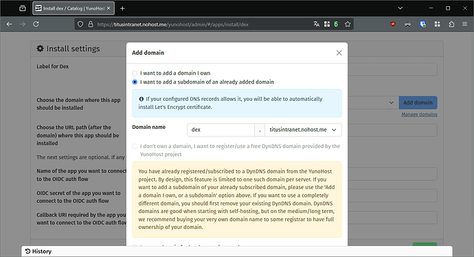 Form to add a new subdomain in the YunoHost webadmin