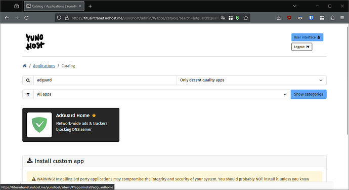 YunoHost catalog in the webadmin, with "adguard" in the search box and the app appearing in the filtered catalog