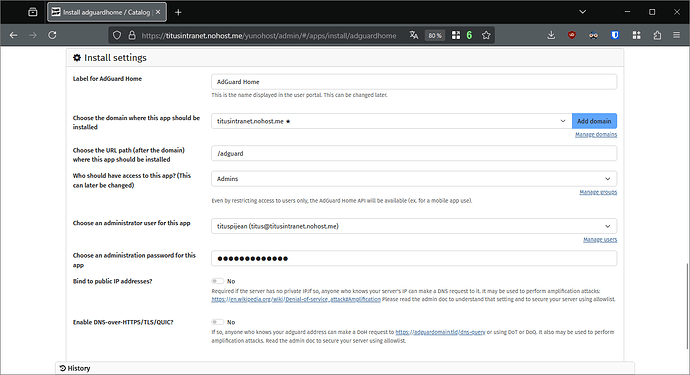 Installation form for Adguard in YunoHost