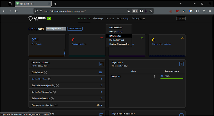 Adguard's main page with its "Filters" menu open, and "DNS rewrites" selected