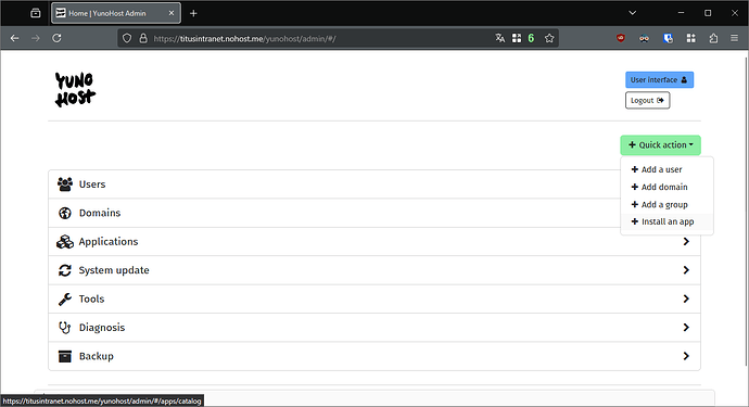 YunoHost webadmin main page with the Quick action menu open