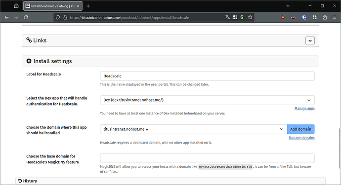 Headscale installation form in the YunoHost webadmin