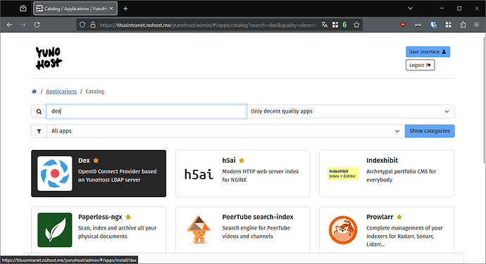 YunoHost catalog in the webadmin, with "dex" in the search box