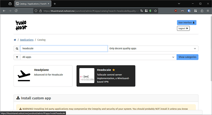 YunoHost catalog in the webadmin, with "headscale" in the search box and the app appearing in the filtered catalog