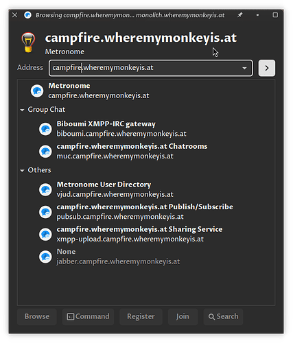 campfire.  shows Metronome as running, with biboumi., muc., vjud., pubsub. and xmpp-upload. services running; and jabber. as “None”