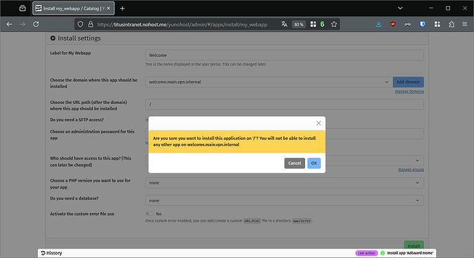 Confirmation to add the app at the root of the domain