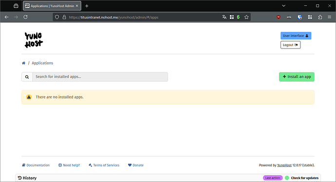 The same brand new YunoHost server with no apps installed yet